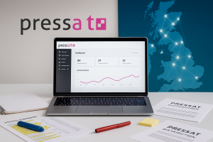 Laptop displaying Pressat dashboard with analytics.