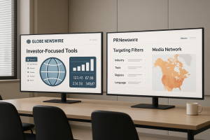 Dual monitor setup displaying GlobeNewswire investor tools