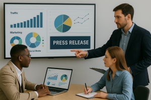 A digital marketing team crafting a press release