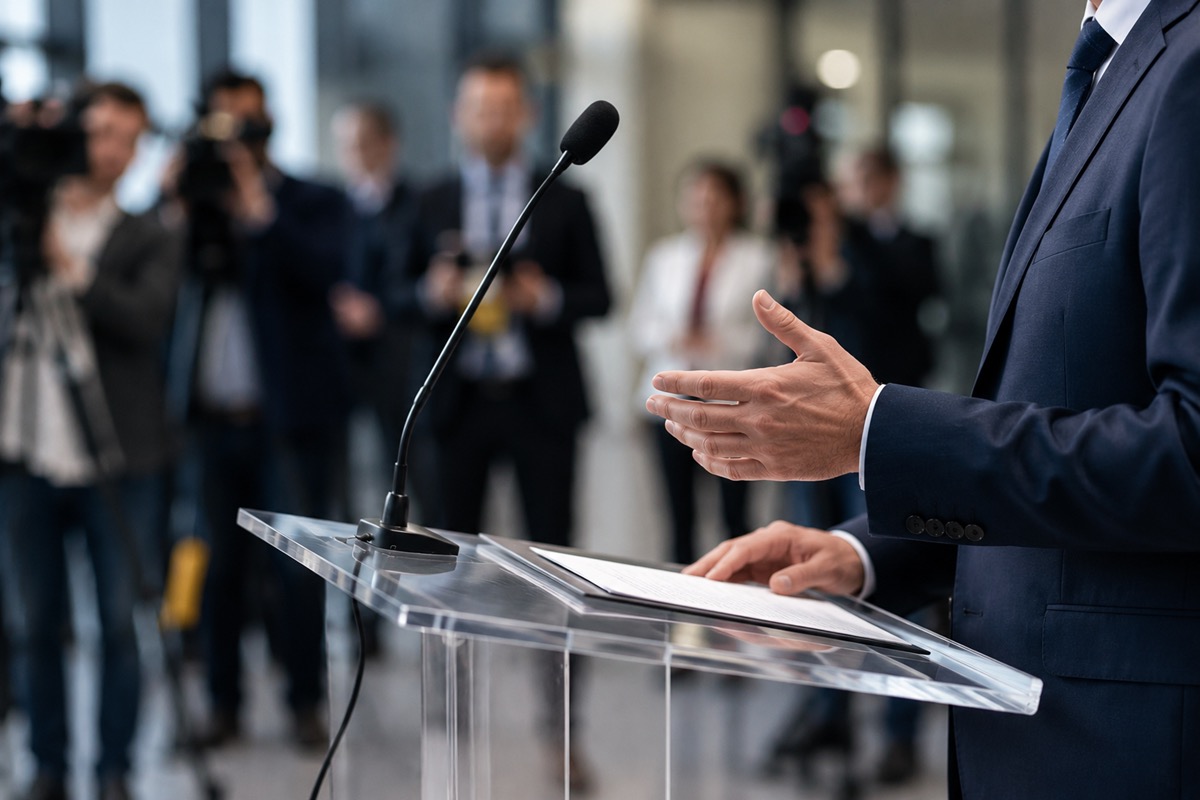 Executive speaking at a podium during a press conference, addressing journalists and media cameras