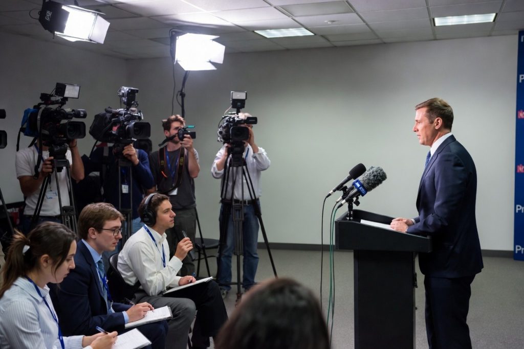 Journalists and camera operators covering a press conference as a spokesperson speaks at a podium.