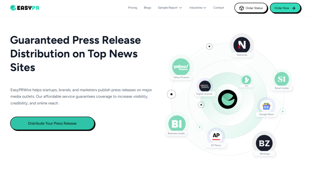 EasyPRWire homepage showing guaranteed press release distribution to news outlets like Yahoo Finance, Business Insider, AP News, and Google News.