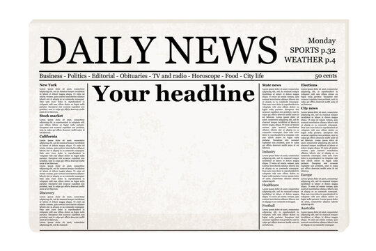Mockup of a "Daily News" newspaper with placeholder text and the words "Your headline.”