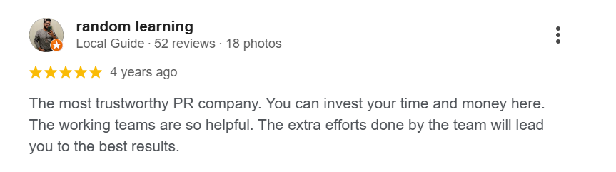 Five-star Google review from a Local Guide praising NewsVoir's team and client support.
