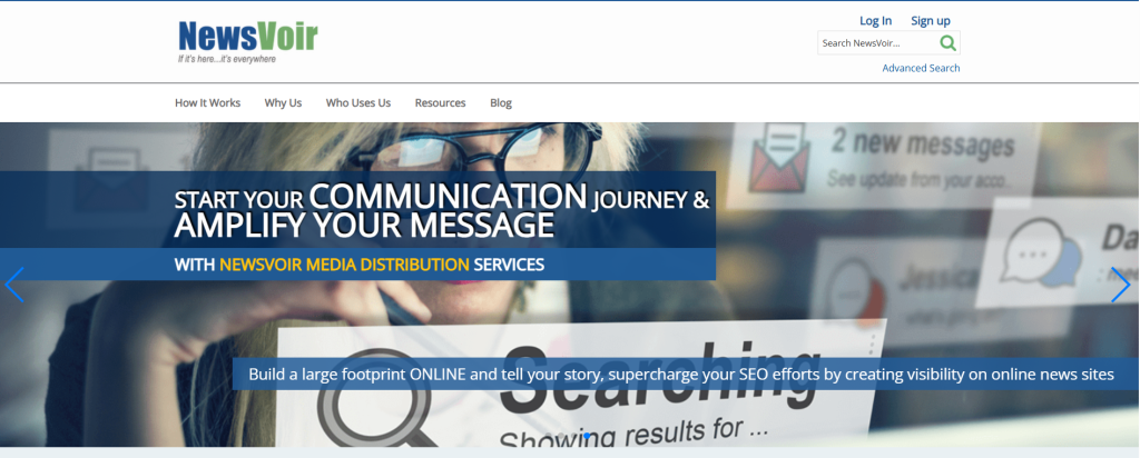 NewsVoir homepage banner highlighting its media distribution services and SEO visibility messaging.