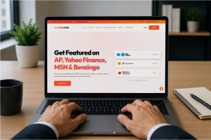 Man accessing RedPress.net on his laptop, checking its PR services