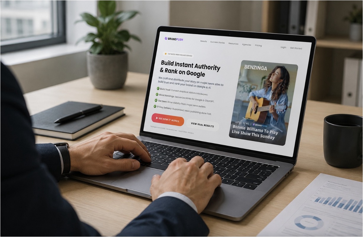 Man opening Brand Push, checking its press distribution services