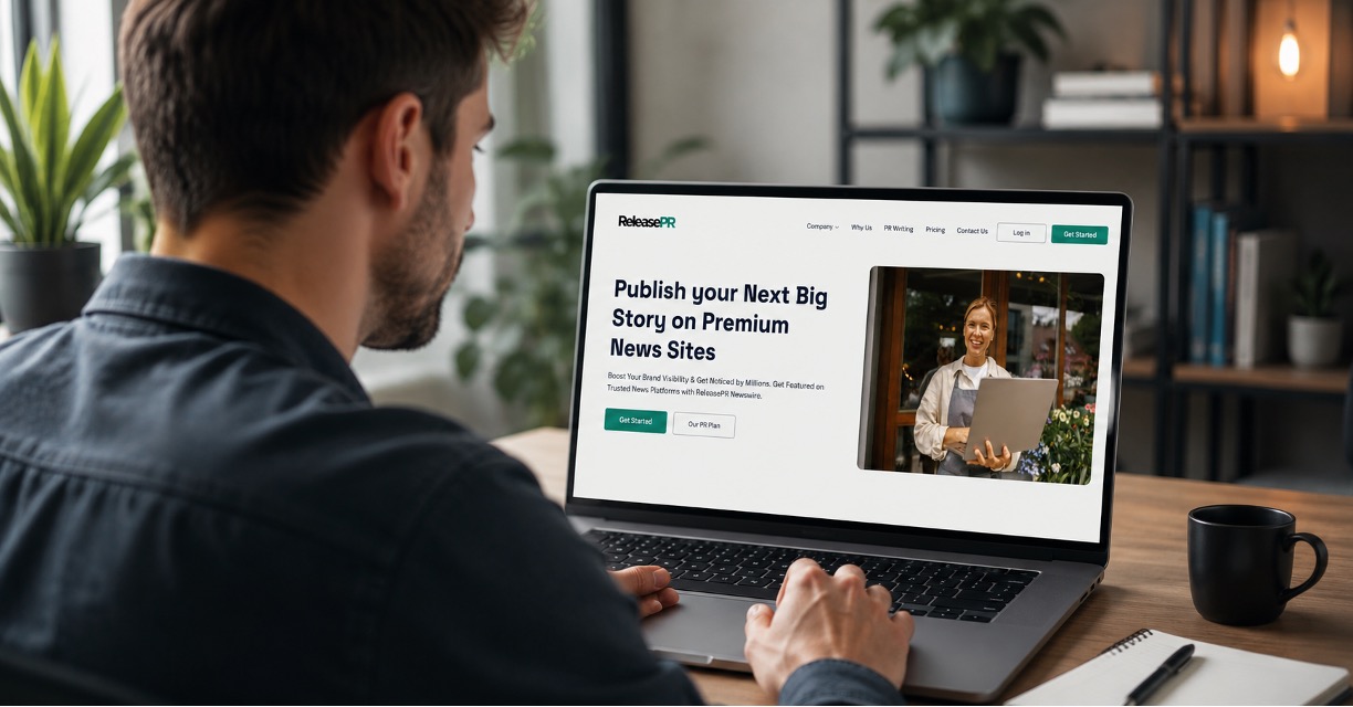 Professional man at a desk reviewing the ReleasePR website