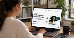 MediaHQ Pricing, Features & Alternatives: Is This PR Distribution Platform Legit? Person working on a laptop showing the MediaHQ homepage with a coffee mug and a notebook beside the laptop