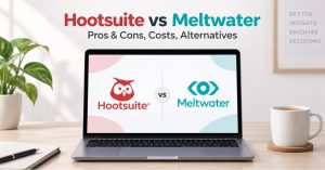Laptop on a desk displaying Hootsuite vs Meltwater logos, headline reading "Pros & Cons, Costs, Alternatives"