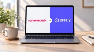 Laptop on a sunlit wooden desk showing a split-screen comparison graphic, "mynewsdesk vs prezly"
