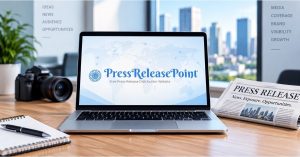 PressReleasePoint logo on a laptop screen for a review of its pricing, features, and alternatives