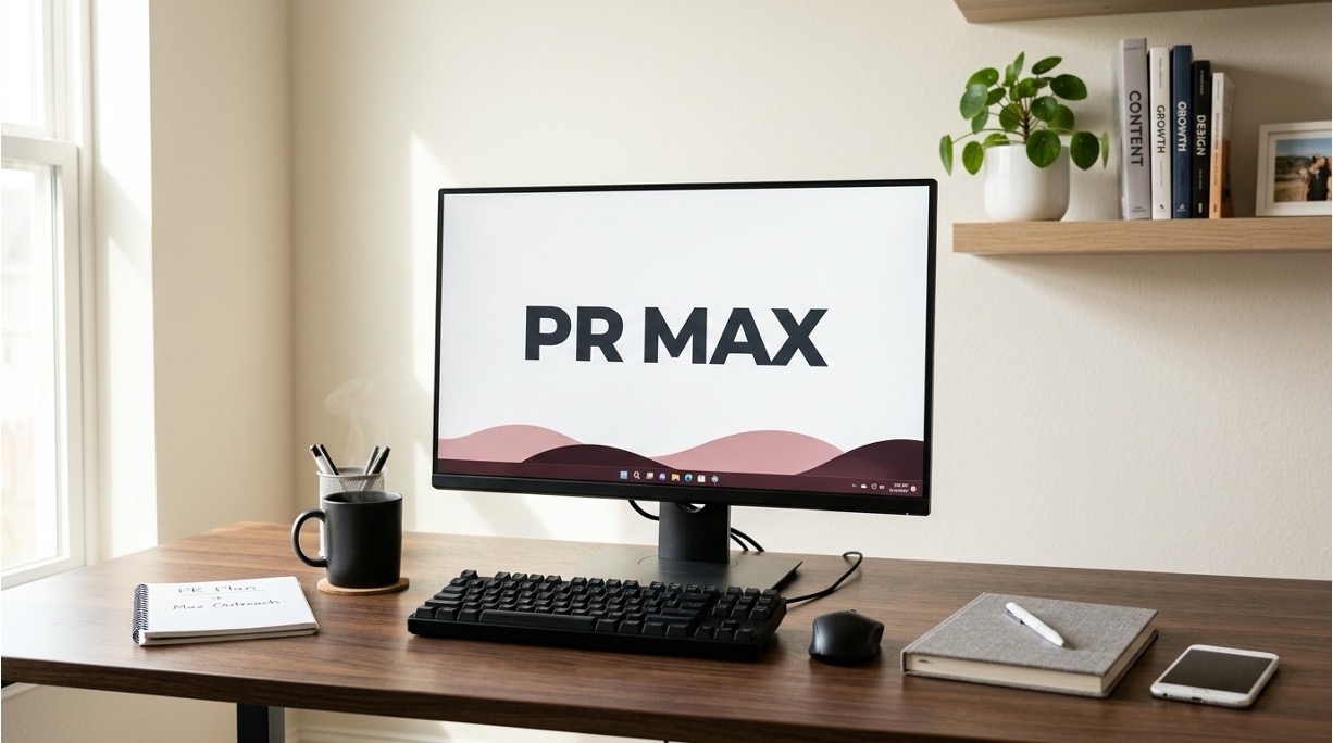 A home office desk with a monitor showing the PR Max name, a keyboard, and a coffee mug
