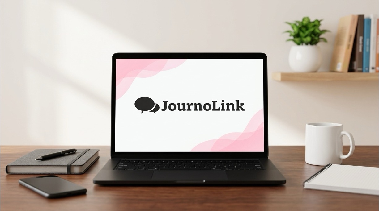 Laptop displaying the JournoLink logo on a wooden desk