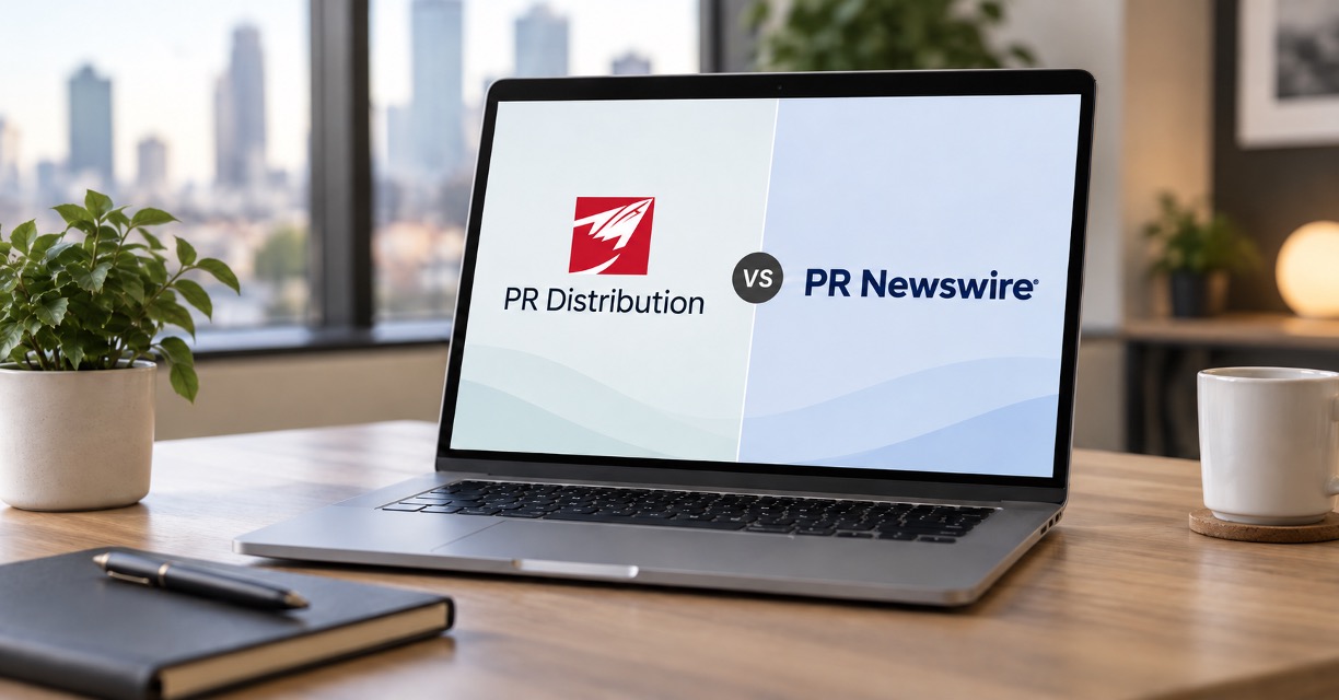 Laptop on a desk displaying “PR Distribution vs PR Newswire” logos, comparing the two press release services