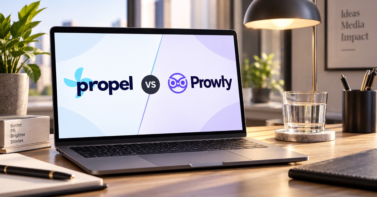 Laptop on a desk displaying “Propel vs Prowly” logos side by side, comparing the two PR tools