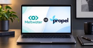 Meltwater vs Propel: Pros & Cons, Costs, Alternatives Laptop on a desk displaying the Meltwater and Propel logos side by side, introducing a comparison of the two PR platforms