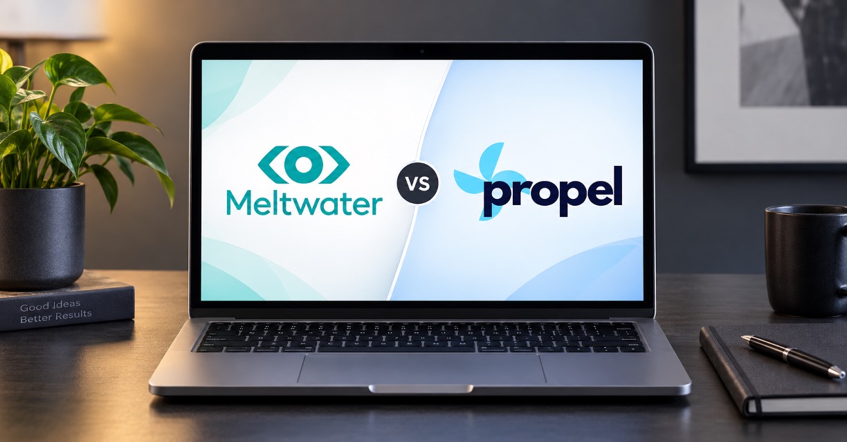 Laptop on a desk displaying the Meltwater and Propel logos side by side, introducing a comparison of the two PR platforms
