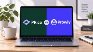 PR.co vs Prowly: Pros & Cons, Costs, Alternatives Laptop on a sunlit desk displaying a split-screen "PR.co vs Prowly" comparison graphic beside coffee and plants