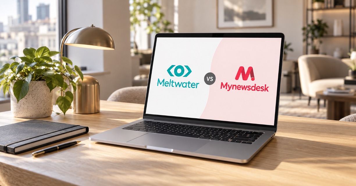 Laptop on a sunlit desk showing “Meltwater vs Mynewsdesk” logos, comparing two PR platforms