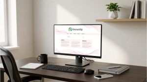 Monitor showing an Anewstip homepage mockup, illustrating a review of the PR tool