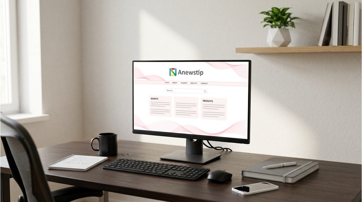 Monitor showing an Anewstip homepage mockup, illustrating a review of the PR tool
