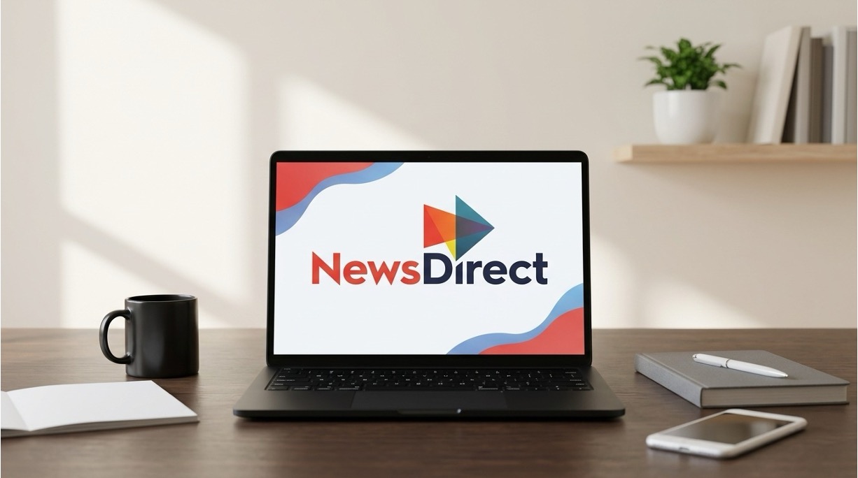 Laptop on a desk showing the NewsDirect logo