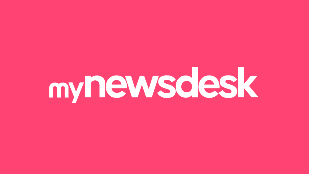 White "mynewsdesk" logo in bold lowercase lettering on a bright pink background