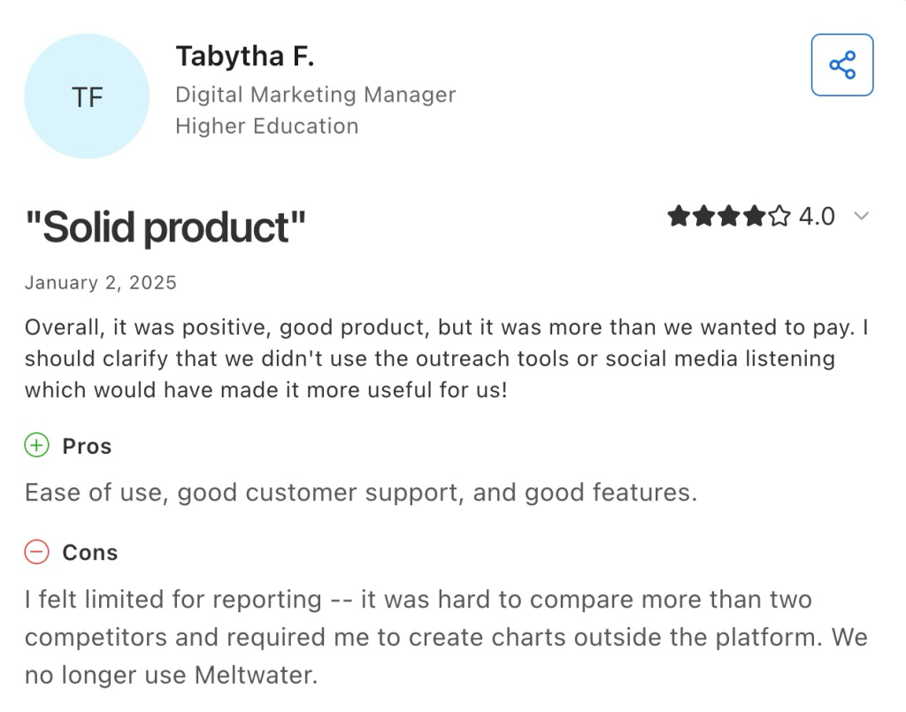 A 4-star Meltwater review praises usability and support but criticizes reporting limits and cost.