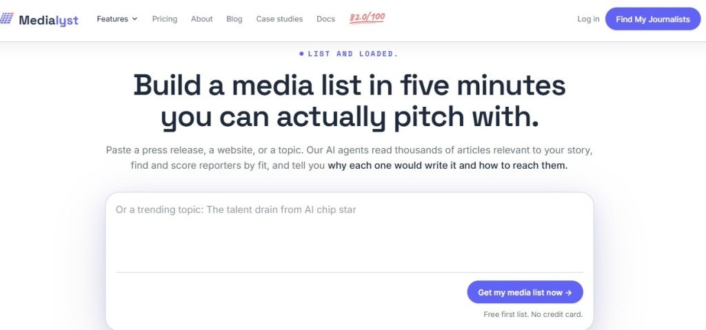 Medialyst homepage with a box to paste a press release, website, or topic.