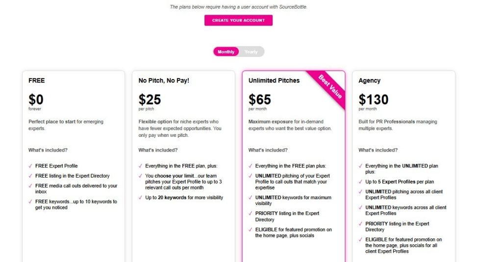 SourceBottle pricing table showing four plans from $0 to $130 per month.