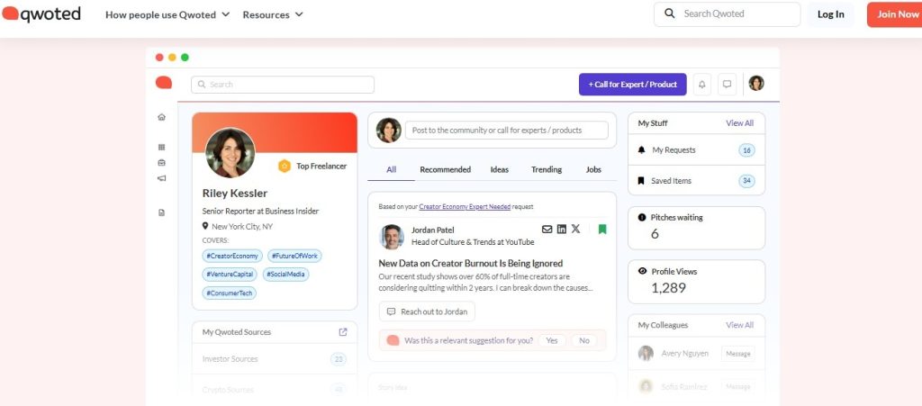Qwoted dashboard with a reporter profile, expert suggestions, and pitch stats.
