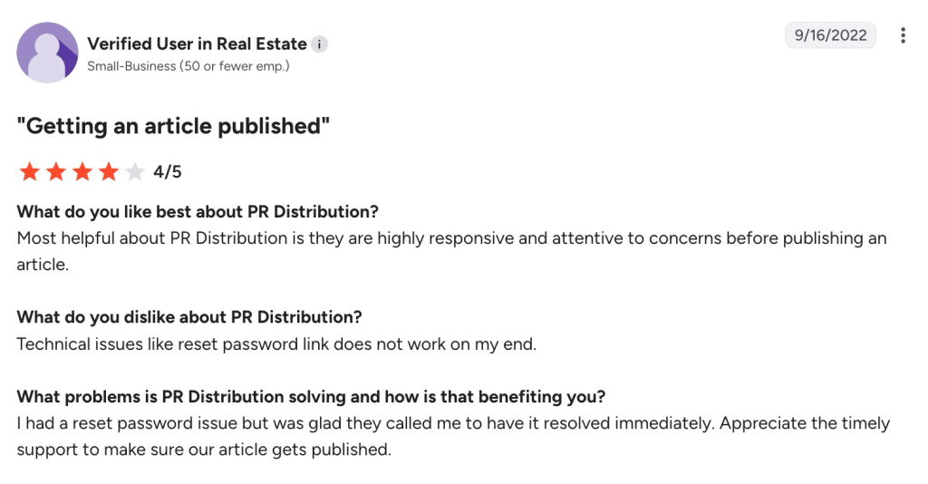 A 4-star PR Distribution review praises responsive support but mentions password reset issues.