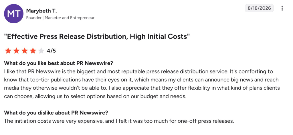 A 4-star PR Newswire review from a founder titled "Effective Press Release Distribution, High Initial Costs."