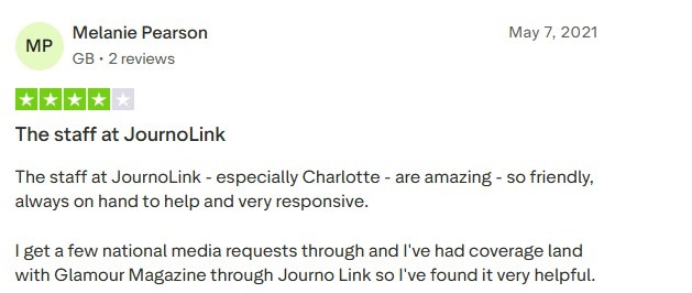4-star JournoLink review by Melanie Pearson, May 2021, praising helpful staff and Glamour Magazine coverage.