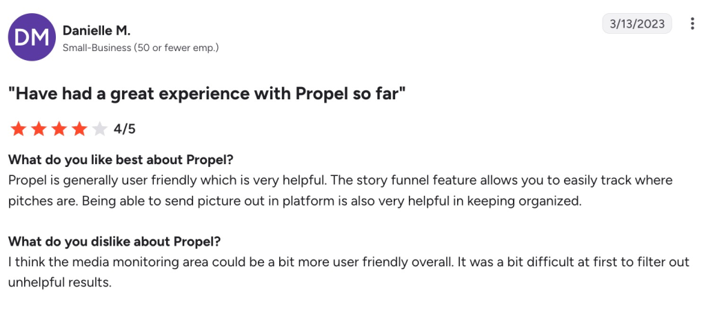 A 4-star Propel user review titled "Have had a great experience with Propel so far," praising pitch tracking.
