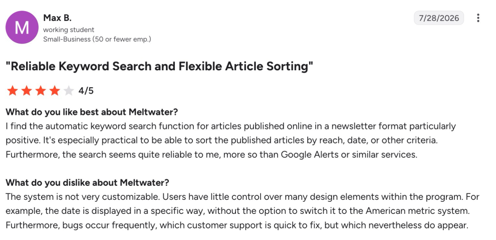 A 4-star Meltwater review praising the monitoring tools while noting the cost and the learning curve.