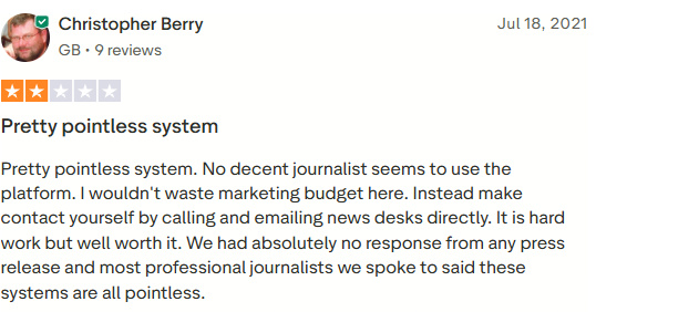 2-star JournoLink review by Christopher Berry, July 2021, advising readers to contact news desks directly.