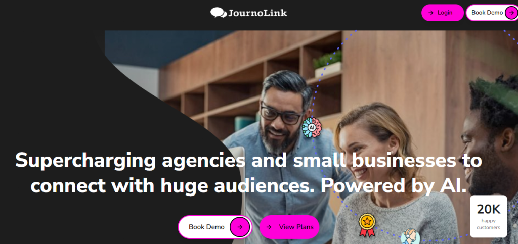 JournoLink homepage with smiling colleagues and an AI-focused headline.