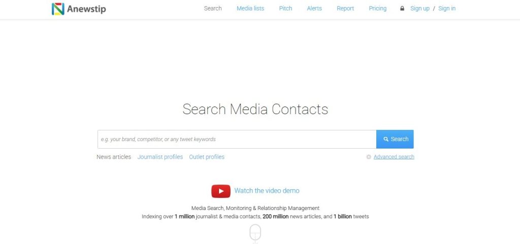 Anewstip Search Media Contacts page with a brand or competitor keyword search bar.