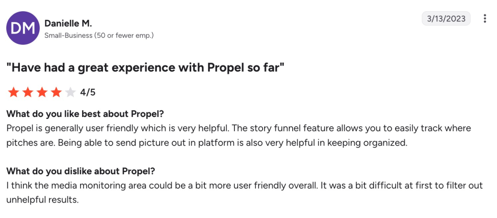 A 4-star Propel review praises pitch organization but criticizes media monitoring filters.