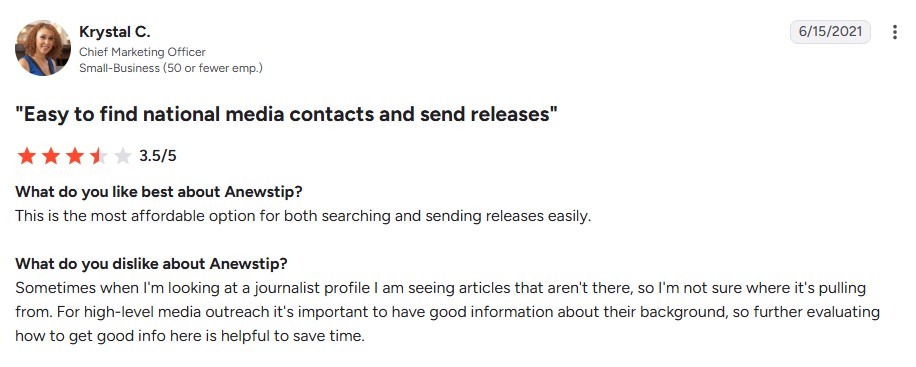 G2 review titled “Easy to find national media contacts and send releases” notes some Anewstip journalist profiles show missing articles.