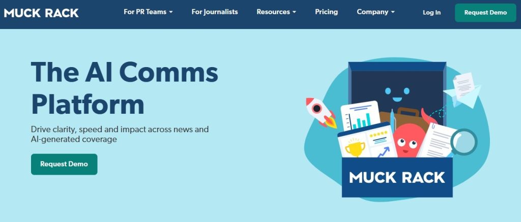 Muck Rack homepage reading The AI Comms Platform with a Request Demo button.